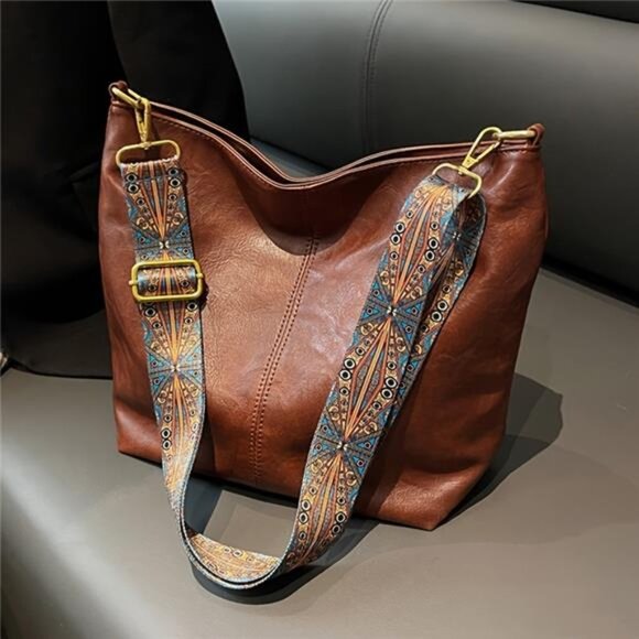 Large-capacity Faux Leather Zippered Convertible Crossbody/Shoulder Bag, Brown - Picture 1 of 9